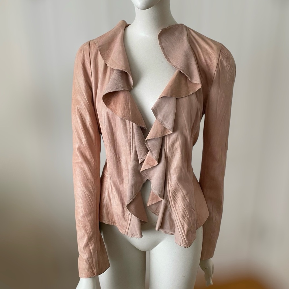 Vintage 2000s Y2K Royal Underground pink genuine leather ruffle front jacket XS